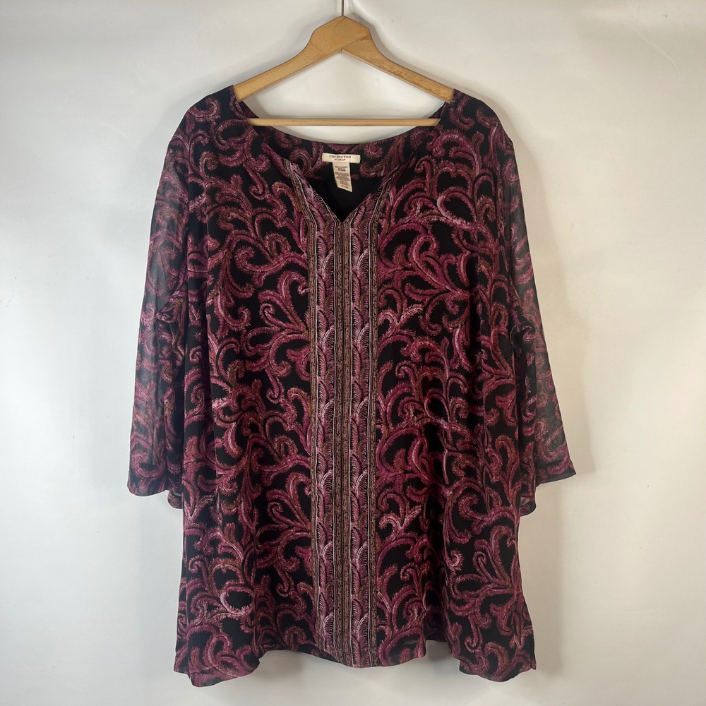 Covington Tunic Top Women 24-26W Pink Purple Paisley Sheer 3/4 Sleeve V-Neck